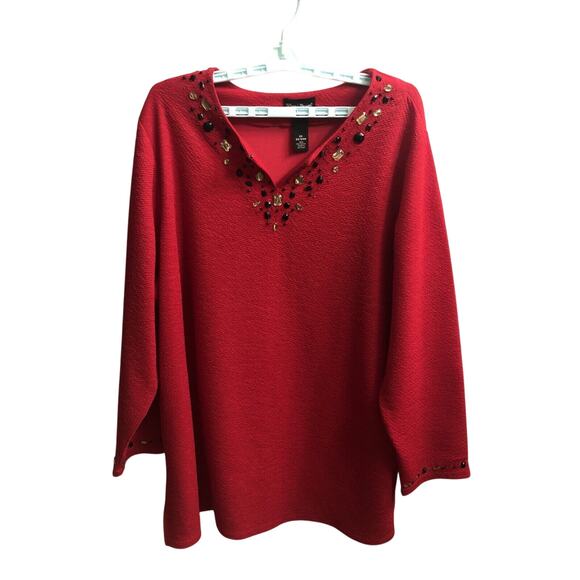 Maggie Barnes Tunic Womens 2X Plus Red Long Sleeve v neck Beaded Textured Bling - Picture 1 of 7